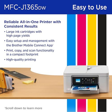 Brother INKvestment 1365 Wireless Color Inkjet All-in-One Printer with Automatic Duplex Printing and 1.8” Color Display | Includes Refresh Subscription Trial(1) (MFC-J1365DW) Brother