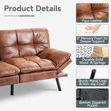 AMICLIBER Futon Sofa Bed Convertible Couch, Brown Faux Leather Sofa Bed with Memory Foam, Adjustable Backrest & Armrests, Multifunctional Small Loveseat Sleeper Sofa for Living Room, Apartment, Office AMICLIBER