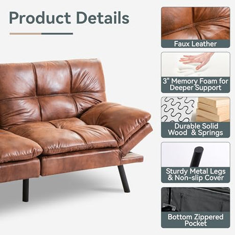 AMICLIBER Futon Sofa Bed Convertible Couch, Brown Faux Leather Sofa Bed with Memory Foam, Adjustable Backrest & Armrests, Multifunctional Small Loveseat Sleeper Sofa for Living Room, Apartment, Office AMICLIBER