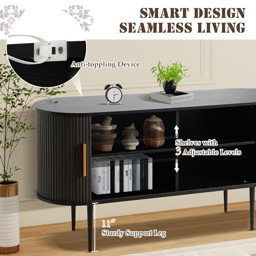 UTOASIS Fluted Buffet Cabinet, 55" Sideboard Tambour Buffer Cabient wtih Storage, Sliding Door, Mid Century Modern Console Table with Adjustable Shelf, Modern Accent Cabinet for Kitchen (Black) UTOASIS