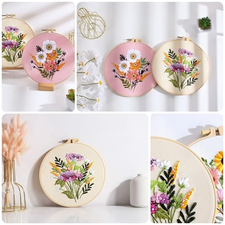 Offizon 3 PCS Embroidery Kit for Beginners - Cross Stitch DIY Craft Set, Flower Embroidery Accessories & Hoop Included, Hand Embroidery Kit for Adults Stitching Sewing Kit Gift | FlowerB Patterns Offizon