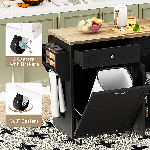 Fingertip WD Rolling Kitchen Island with Drop Leaf - Kitchen Trash Cabinet Tilt Out 10 Gallon Storage, Storage Islands Movable Carts with Rubberwood Top, Spice Rack and Drawers for Dining Room(Black)