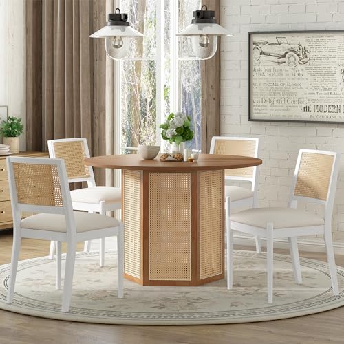 LostCat Rattan Round Dining Table Set for 4, 5-Piece Wood Table with Hexagonal Base and Upholstered Chairs, Dining Room Table Set for Dining Room, Kitchen, Brown - WoodArtSupply