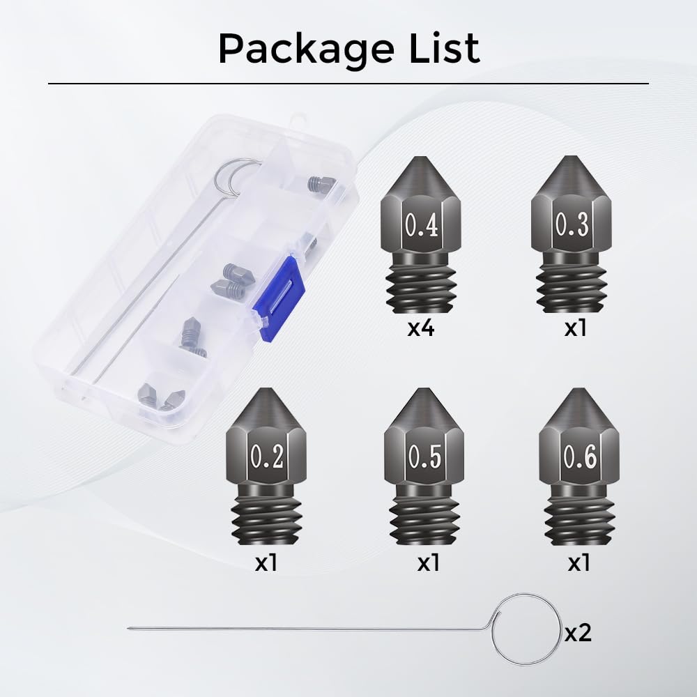 Creality 8pcs 3D Printer Hardened Steel MK8 Nozzles, Upgraded Tungsten Metal Extruder Nozzles 0.2mm, 0.3mm, 0.4mm, 0.5mm, 0.6mm with DIY Tools Storage Box for Creality Ender 3 Ender 3 V2 Sovol SV06 Creality