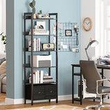 Furologee 6-Tier Industrial Bookshelf with 2 Drawers - Black Oak Tall Bookcase for Home Office and Bedroom Furologee