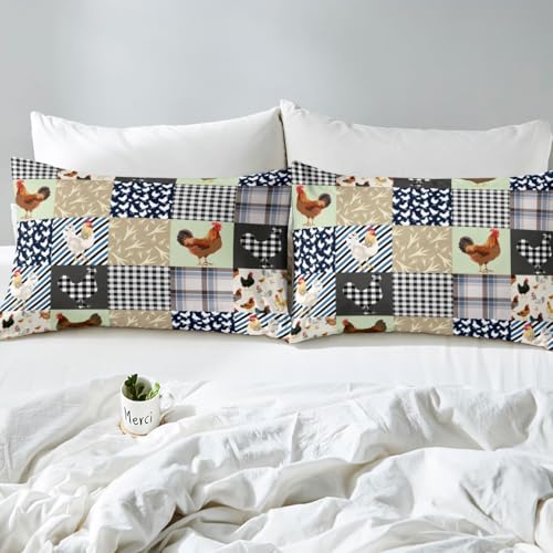 Feelyou Chicken Bed Sheets Set King Size Rooster Hen Print Sheet Set for Kids Boys Girls Decor Cute Blue Grey Green Sheets with Deep Pocket Fitted Sheet Geometric Bedroom Feelyou