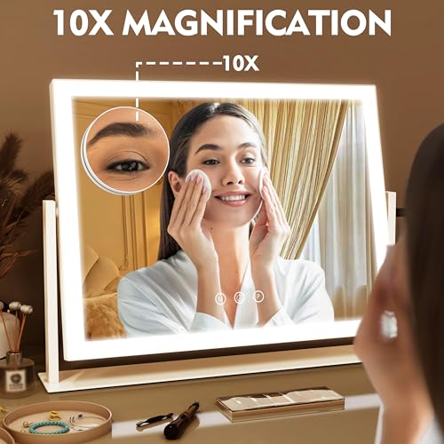 ROLOVE Lighted Makeup Mirror 16.3"x12.6", Hollywood Vanity Mirror with 10X Magnifier, 3 Color LED Lighting Modes, Smart Touch Control & 360° Rotation, Tabletop Makeup Mirror (White, Gift Ready) ROLOVE