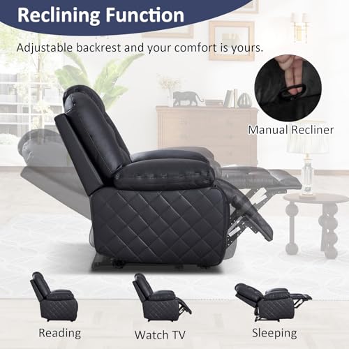 CANMOV Faux Leather Manual Recliner Chair, Single Sofa Chair with Comfortable Armrest and Backrest, Home Theater Seating for Living Room, Bedroom, Black