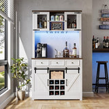 GAOMON 72" Coffee Bar Cabinet with Power Outlets and LED Lights, Sliding Barn Doors, Kitchen Buffet with Wine Storage, Modern Farmhouse, Ample Storage for Home Bar, Microwave, White GAOMON