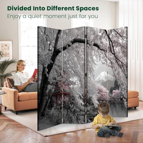 Large 4 Panels Folding Screen Room Divider Japanese Pink Cherry Blossom Mount Pictures Blossoms Pagoda Calm Boho Divider for Room Separation Portable Privacy Partition Screen Indoor VETEB