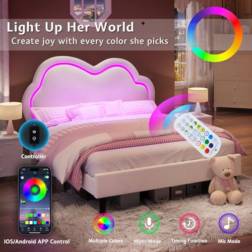 Jocisland Twin Bed Frame for Girls with Adjustable Cloud Headboard, Velvet Upholstered & RGB Lights, 7.1" Underbed Storage, No Box Spring Needed, Cream Jocisland