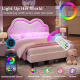 Jocisland Twin Bed Frame for Girls with Adjustable Cloud Headboard, Velvet Upholstered & RGB Lights, 7.1" Underbed Storage, No Box Spring Needed, Cream Jocisland