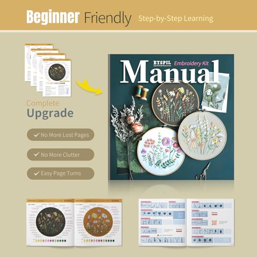 ETSPIL Embroidery Kit for Adults & Beginners — Learn Easily with 4K Videos, 2 Hoops, Pre-Printed Floral Patterns, Beginner-Friendly Stitches, Relaxing Craft for Women