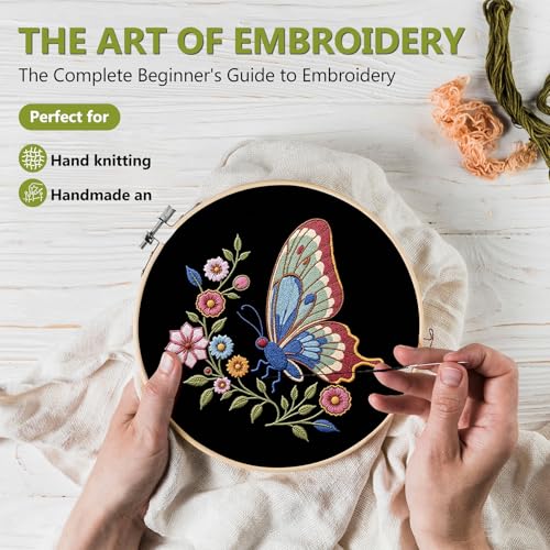 Santune Embroidery Kit Needlepoint Cross Stitch Kits for Beginners Adult Needle Point Sets with Butterfly Embroidery Patterns, Includes Step-By-Step Instructions and Accessories