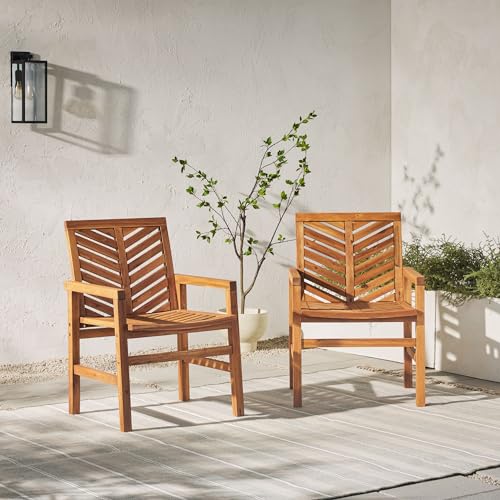 Walker Edison 2 Piece Outdoor Patio Chevron Wood Chair Set All Weather Backyard Conversation Garden Poolside Balcony, Set of 2, Brown - WoodArtSupply