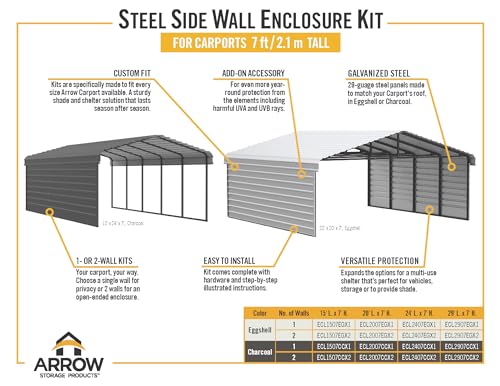 Arrow Carports Galvanized Steel Carport, with 2-Sided Enclosure, Compact Car Metal Carport Kit, 12' x 20' x 7', Charcoal Arrow Shed
