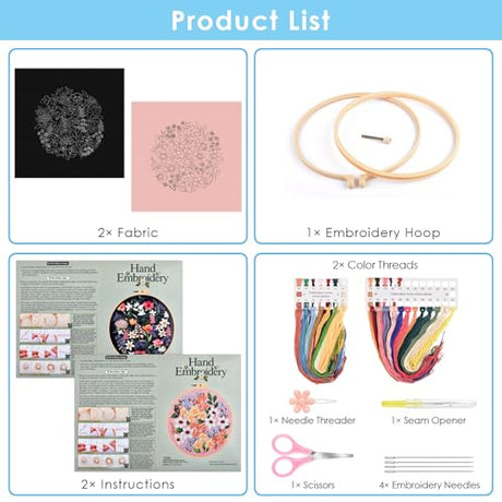 ERKOON Embroidery Kit for Beginners, 2 Set Floral Cross Stitch Set Include Embroidery Cloth Hoops Threads for Craft Lover Hand Stitch with Embroidery Skill Techniques (Flower) ERKOON