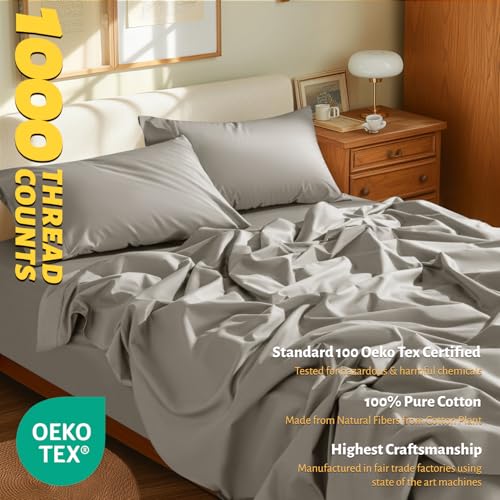 Shilucheng 100% Egyptian Cotton King Size Sheets Set - 1000 Thread Count，Luxury Cotton Bed Sheets，Breathable & Cooling Bedding and Pillow Cases, 16 Inch Deep Pocket - 4 Piece (Taupe, King) Shilucheng