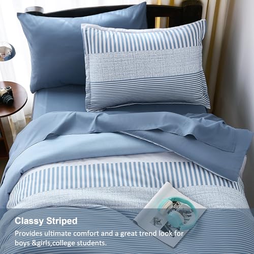 Blue Comforter Set Twin Size,Classic Striped Comforters for Boys&Girls,5 Pieces Bed in A Bag Simple Neutral-Style Bedding Sets for Kids Teen Cottolester