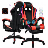 Gaming Chair with Speakers, Bluetooth Gaming Chair with RGB LED Lights and Footrest, Height Adjustable Massage Computer Chair Lumbar Support for Adults (Black Red) YESBAY