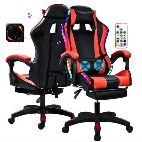 Gaming Chair with Speakers, Bluetooth Gaming Chair with RGB LED Lights and Footrest, Height Adjustable Massage Computer Chair Lumbar Support for Adults (Black Red) YESBAY