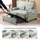 VINGLI Light Green Futon Sofa Bed Convertible Loveseat Sleeper Couch, Faux Leather Pullout Sofa Fold Out Couch Bed with USB Ports, Cup Holders, Armrest for Living Room, Bedroom Apartment Room VINGLI
