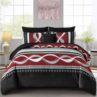 Anibedding Burgundy Comforter Set King Size,8 Pieces Bed in a Bag Patchwork Striped Bedding Sets,Boho Soft Microfiber Bedding Set for All Season(104"×90")