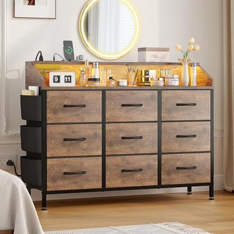 Lulive Brown Dresser for Bedroom 9 Drawers - Fabric Dressers for Bedroom with LED Light & Charging Station Lulive