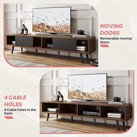 Bestier 70 inch Mid Century Modern TV Stand for 75 inch TV, Low Profile TV Stand with Storage, Entertainment Center for Living Room, Cord Management, Walnut Bestier