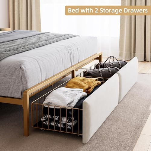 GarveeHome King Bed Frame with 2 Storage Drawers, LED Bed Frame with 2-Tier Storage Headboard&Charging Station, Metal Platform Bed Frame, No Box Spring Needed, Noise Free, White GarveeHome