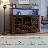 OKD Farmhouse Coffee Bar Cabinet with LED Lights, 55" Sideboard Buffet Table w/Sliding Barn Door & Wine and Glass Rack, Home Liquor Bar w/Storage Shelves for Dining Room,Reclaimed Barnwood OKD