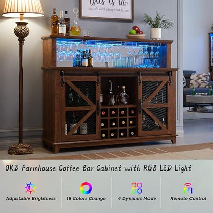 OKD Farmhouse Coffee Bar Cabinet with LED Lights, 55" Sideboard Buffet Table w/Sliding Barn Door & Wine and Glass Rack, Home Liquor Bar w/Storage Shelves for Dining Room,Reclaimed Barnwood - WoodArtSupply