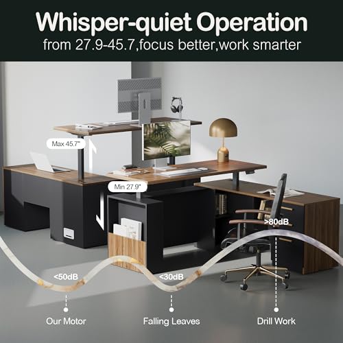 ModernMate 63" Standing Desk with File Cabinet, Privacy Panel, AC/USB, 1.18" Desktop, Executive L Shaped Height Adjustable Electric Stand Up Desk, Home Office Table with 3 Drawers, Black Walnut ModernMate