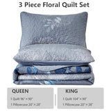 WONGS BEDDING Blue Quilt Set King Size,3 Pieces Navy Blue Floral Bedspread Coverlet Set with 2 Pillowcases,Soft Microfiber Lightweight Grayish Blue Gradient Floral Bedding Set 104"×90" WONGS BEDDING