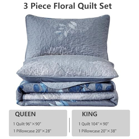 WONGS BEDDING Blue Quilt Set King Size,3 Pieces Navy Blue Floral Bedspread Coverlet Set with 2 Pillowcases,Soft Microfiber Lightweight Grayish Blue Gradient Floral Bedding Set 104"×90" WONGS BEDDING
