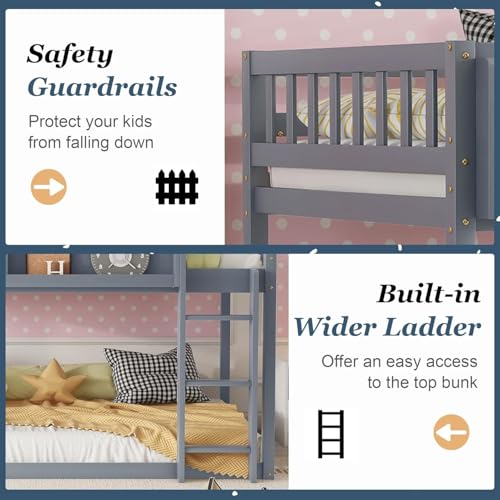 Duxelifin Twin Low Bunk Beds for Kids, Wooden Bunk Bed Frame Twin Over Twin, Convertible Floor Bunk Bed with Storage Shelf & Ladder, No Box Spring Needed (Grey) Duxelifin
