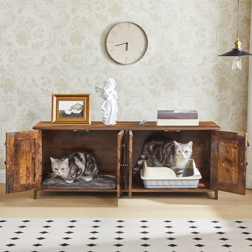 HOOBRO 47.2" Litter Box Enclosure for 2 Cats, Hidden Litter Box Furniture with Double Rooms, Wooden Cat Litter Box Enclosure, Dual Litter Box Design, Large Cat House for 2 Cats, Rustic Brown BF32MW01 HOOBRO