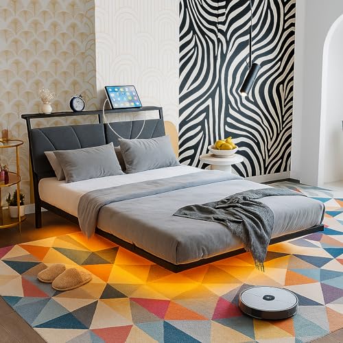 HOJINLINERO Floating Full Size Bed Frame with Headboard&Storage Shelf,Ergonomic Full Bed Frames with USB Charging&LED Lights,Platform Bed Frame Noise-Free Metal Slats | Modern Bedroom Design HOJINLINERO