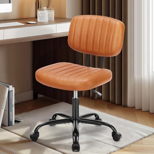 DUMOS Small Armless Home Desk Executive Chair with Low Back for Small Space, Height Adjustable PU Leather Computer Task Office Chair with 360° Swivel Wheels for Kids and Adults, Dark Brown DUMOS