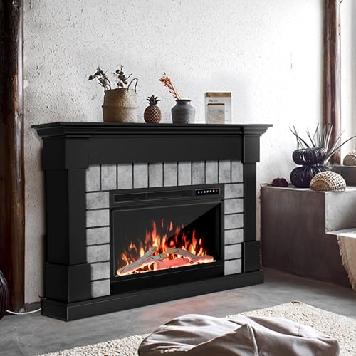 50”Electric Fireplace Mantel Wooden Surround Firebox, TV Stand with Freestanding Electric Fireplace, Adjustable Flame, Temperatures, Remote Control, 750W/1500W Black Electactic