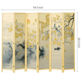 MyGift 6 Panel Large Bamboo Room Divider with Dual Sided Asian Birds Gingko Biloba Tree Sunset Design Print, 6FT Freestanding Artwork Privacy Partition Folding Screen with Beige Solid Wood Frame MyGift