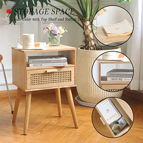 MaxSmeo Modern Nightstand Rattan Side End Table with Storage, for Living Room, Bedroom and Small Spaces, Accent Bedside Farmhouse Tables with Solid Wood Legs, Easy Assembly (Natural Walnut) - WoodArtSupply