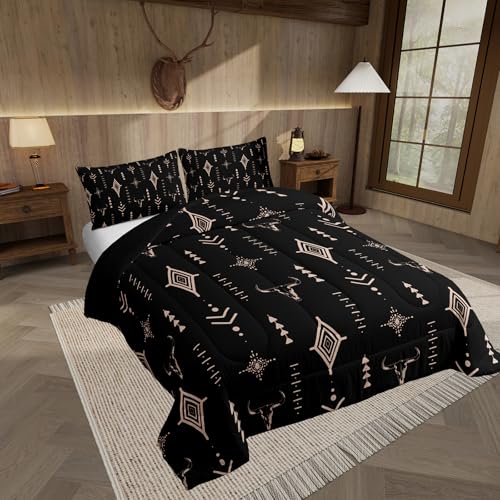Feelyou Rustic Western Bedding Set Full Size Kids Western Tribal Bull Skull Comforter Adult Black Brown Boho Ethnic Aztec Cow Pattern Comforter Set Feelyou