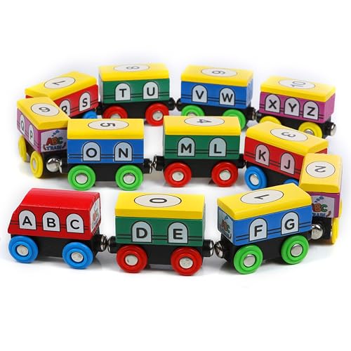 On Track USA Wooden Train Set ABC Magnetic Trains for Toddlers 12 Pieces, Compatible with All Train Track Accessory Sets, Alphabet and Numbers Toy Trains for Boys and Girls On Track USA