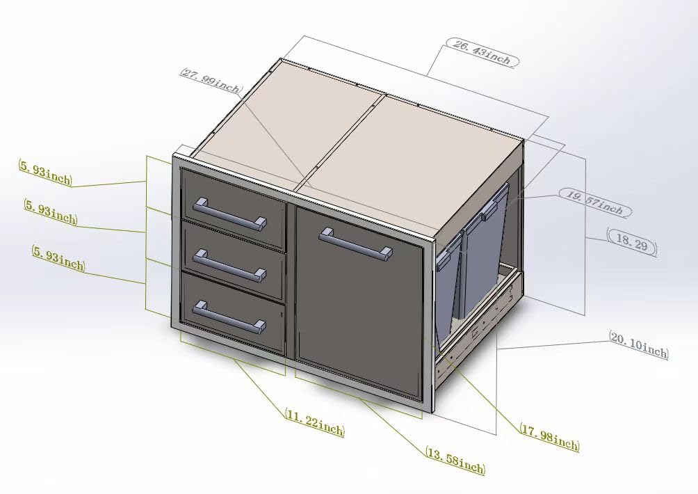 Globamboo Outdoor Kitchen Drawer Combo, BBQ Access Trash Drawer Combo with Stainless Steel, Outdoor Kitchen Trash Drawer for BBQ Island, Grilling Station, Outside Cabinet (28" W x 19.6“D x 20.1" H)