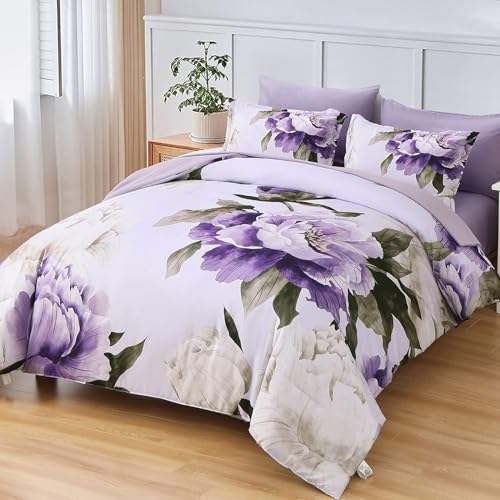 Dobuyly Purple Comforter Set Full Size 7 Piece Bed in a Bag Full, Purple Floral Printed on Light Purple Comforter Set with Sheets, Soft Microfiber Botanical Complete Bedding Set for All Season Dobuyly