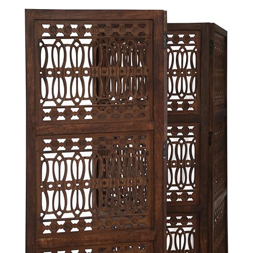 Room Divider Screen, 4-Panel Folding Wood Screen Pattern, Antique Brown, 72 x 80 Inches, Hand Carved Decorative and Functional, Reversible, Portable Privacy Partition, Boho Style – Bedding Craft Bedding Craft
