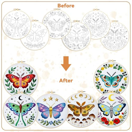 BEUNITONE 6 Set Moth Embroidery Kit for Adults Beginners, DIY Needlepoint Craft Kits with Instructions and Hoops, Complete Starter Set for Adults, Funny Hand Embroidery for Fabric and Home Decor BEUNITONE