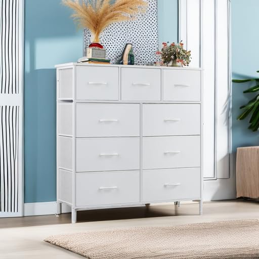 OLIXIS Dresser for Bedroom, 9 Storage Drawers, Wide Fabric Closet Chests Organizer Tower Furniture, TV Stand with Wooden Top Metal Frame for Clothes, Living Room, Hallway, Entryway, White OLIXIS