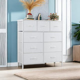 OLIXIS Dresser for Bedroom, 9 Storage Drawers, Wide Fabric Closet Chests Organizer Tower Furniture, TV Stand with Wooden Top Metal Frame for Clothes, Living Room, Hallway, Entryway, White OLIXIS